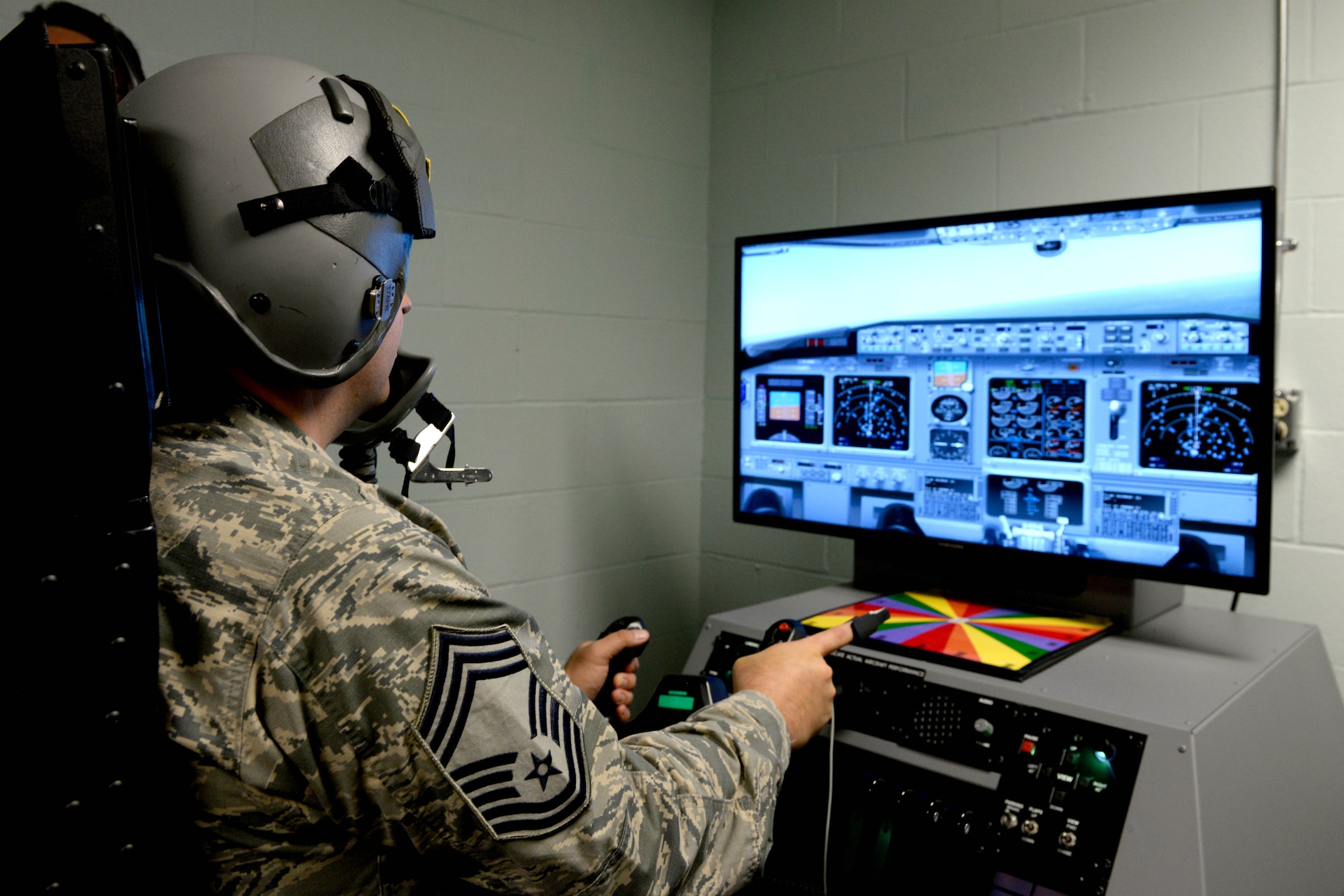 Chief Master Sgt. Jason Olszewski, 375th Operations Group, tests the Reduced Oxygen Breathing Device, Sept. 9, 2016.  (U.S. Air Force photo by Airman Daniel Garcia)