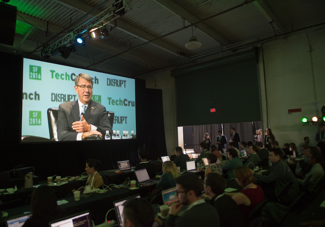 Defense Secretary Ash Carter speaks during the TechCrunch Disrupt conference in San Francisco, California, Sept. 13, 2016, before heading to Austin, Texas, to announce the opening of a third Defense Innovation Unit-Experimental location there. DoD photo by Army Sgt. Amber I. Smith