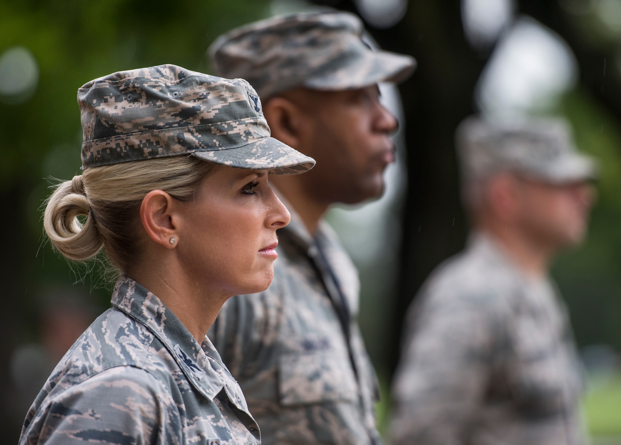 Col. Laura Lenderman, 375th Air Mobility Wing Commander, stands at parade rest prior to the start of Reveille, Scott Air Force Base, Ill., Sept. 9, 2016. (U.S. Air Force photo/Staff Sgt. Jodi Martinez)
