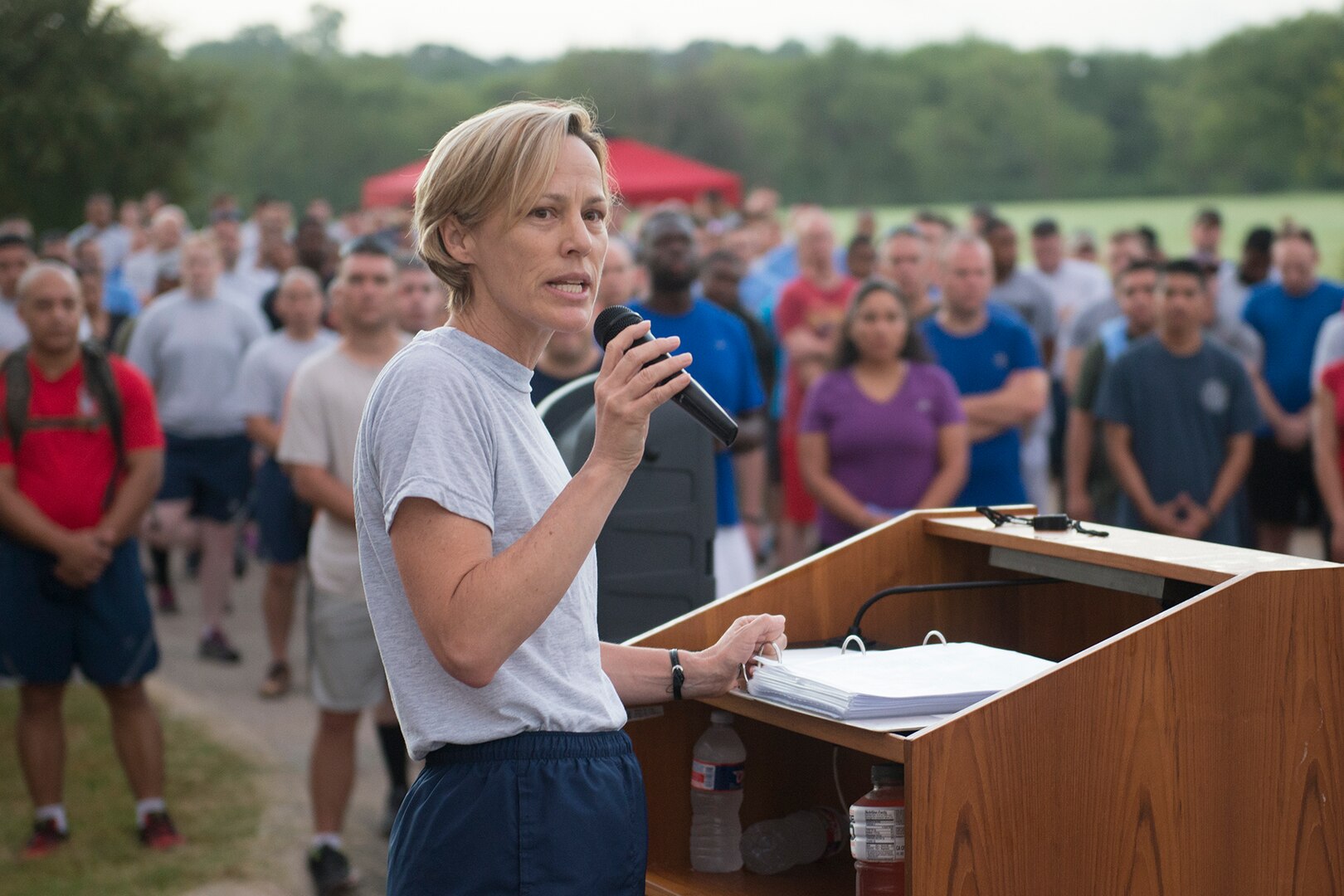 Brig. Gen. Heather Pringle, 502nd Air Base Wing and Joint Base San Antonio commander, welcomes participants to 9/11 Commemorative Run Sept. 6, 2016, at JBSA-Lackland Medina Annex, Texas.