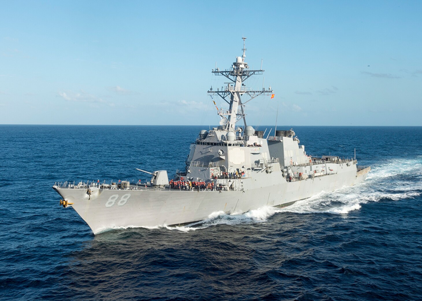 In this file photo, the destroyer USS Preble approaches the amphibious assault ship USS Bonhomme Richard for replenishment at sea, June 21, 2015. Bonhomme Richard is the lead ship of the Bonhomme Richard Expeditionary Strike Group and was on patrol in the U.S. 7th Fleet area of operations. 