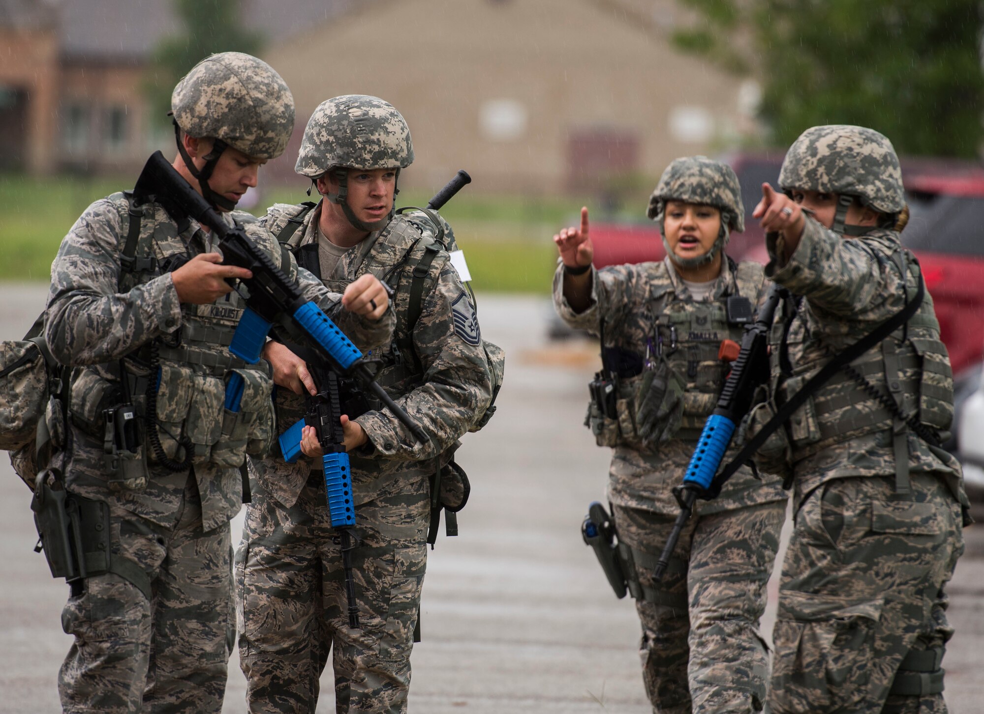 First Lt. Paul Kilquist, Master Sgt. Joshua Ray, Tech Sgt. Vanessa Amalla, and Staff Sgt. Alexa Marro, all with the 375th Security Forces Squadron, discuss an active shooter situation prior to entering the building during the exercise. According to the FBI reports, 2014 and 2015 each saw 20 active shooter incidents. This is more than any two-year average in the past 16 years, and nearly six times as many as the period between 2000 and 2001, the starting point for the FBI’s review. In all, not including any of the shooters, 92 people were killed and another 139 wounded in active shooter incidents between 2014 and 2015.