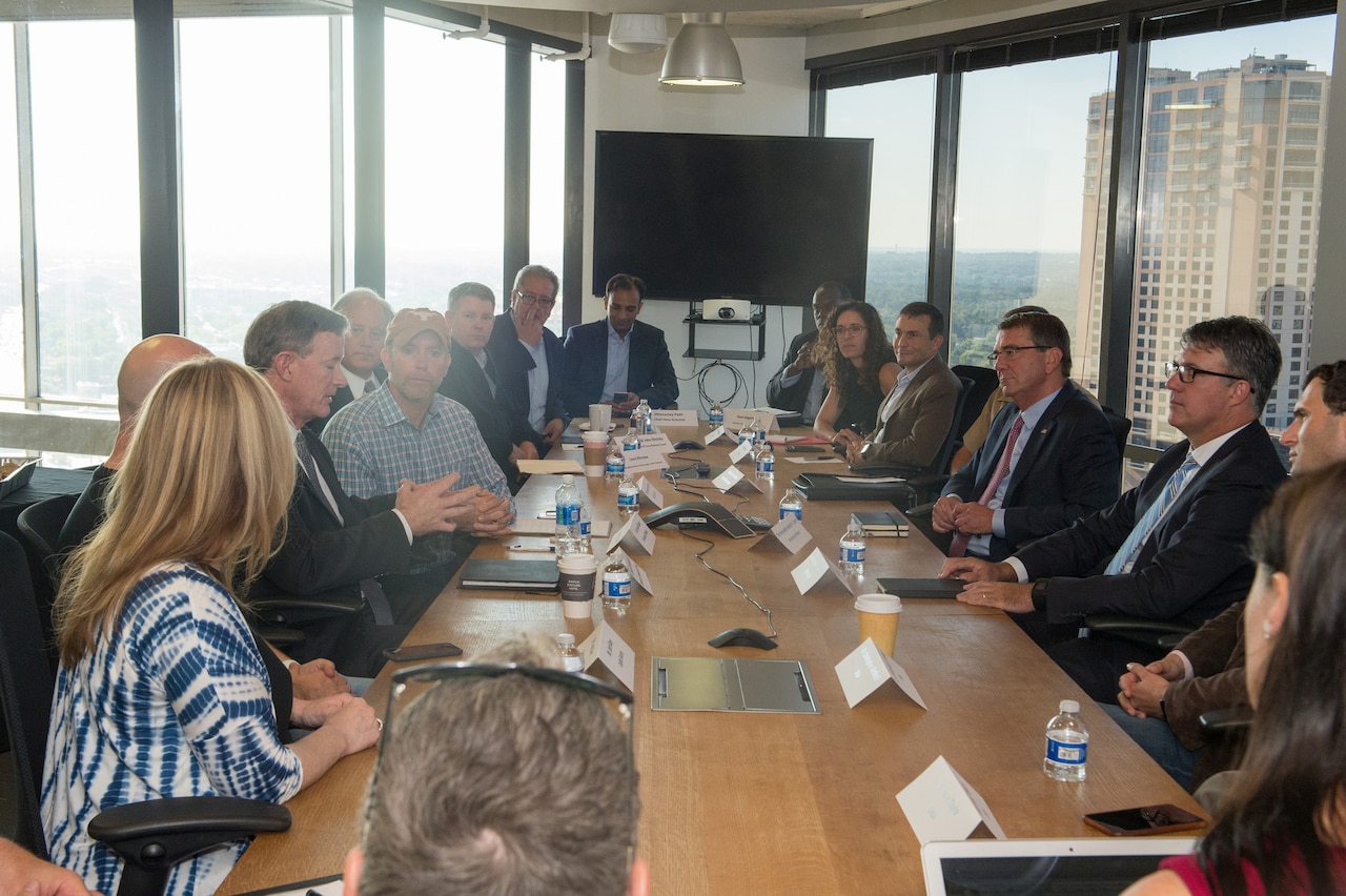 Defense Secretary Ash Carter, right center, listens to members of the Defense Innovation Unit-Experimental during a roundtable at the Capital Factory in Austin, Texas, Sept. 14, 2016. Carter announced the opening of a third DIUx location there.DoD photo by Army Sgt. Amber I. Smith