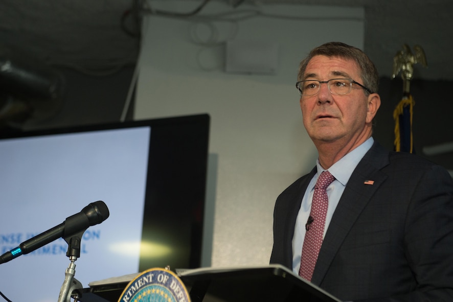 Defense Secretary Ash Carter speaks to innovation leaders during a visit to Capital Factory in Austin, Texas.