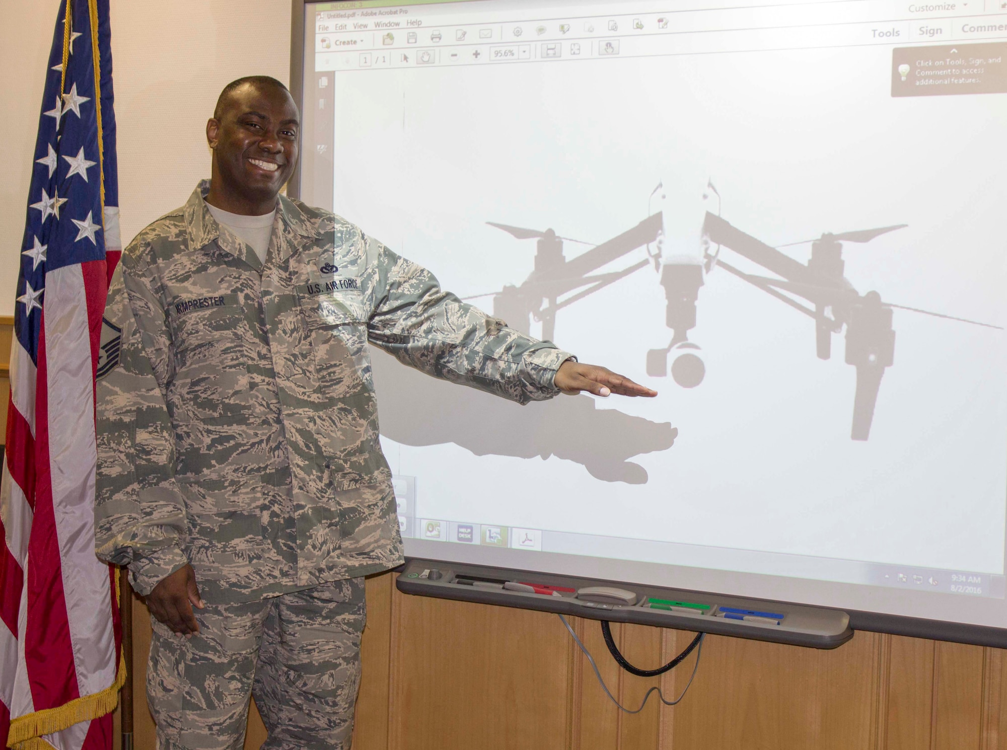 Master Sgt. Sherman Armprester, 786th Civil Engineer Squadron NCO in charge of requirements and optimization civil activities and management program at Ramstein Air Base, Germany, shares a photo of the facility assessment vehicle designed for facility condition assessments that his team developed. The new concept could reduce the risk to assessors who would otherwise be doing roof assessments. (U.S. Air Force Photo/Susan Lawson/Released)