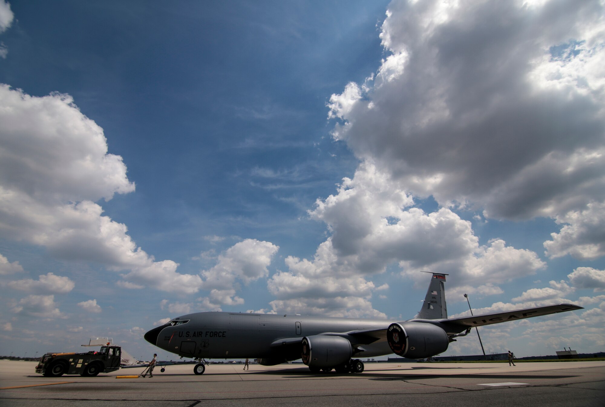 A U.S. Air Force KC-135 Stratotanker from the New Jersey Air National Guard's 108th Wing is towed onto the flight line after maintenance at Joint Base McGuire-Dix-Lakehurst, N.J., August 31, 2016. The KC-135 is celebrating its 60th Anniversary today, having made its first flight on August 31, 1956. (U.S. Air National Guard photo by Tech. Sgt. Matt Hecht/Released)