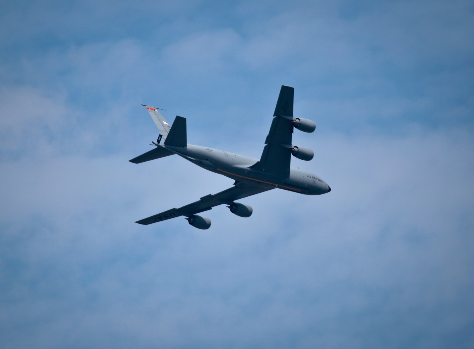 A U.S. Air Force KC-135 Stratotanker from the New Jersey Air National Guard's 108th Wing flies over Joint Base McGuire-Dix-Lakehurst, N.J., August 31, 2016. The KC-135 is celebrating its 60th Anniversary today, having made its first flight on August 31, 1956. (U.S. Air National Guard photo by Tech. Sgt. Matt Hecht/Released)