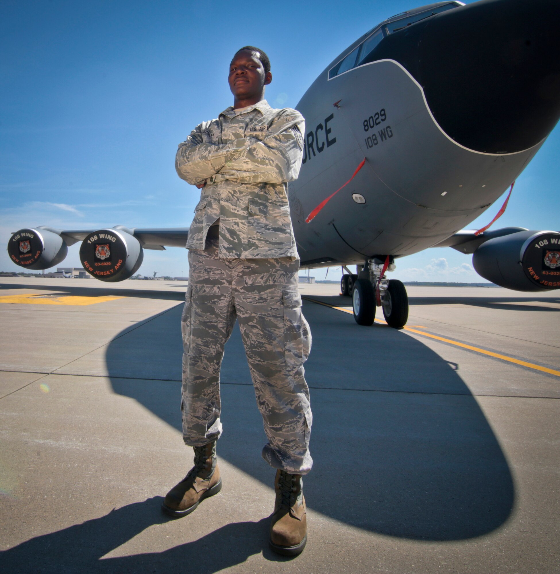 New Jersey Air National Guard Tech. Sgt. Tyrice Pressley, an aircraft mechanic with the 108th Wing, poses for a portrait in front of a KC-135 Stratotanker at Joint Base McGuire-Dix-Lakehurst, N.J., August 31, 2016. (U.S. Air National Guard photo by Tech. Sgt. Matt Hecht/Released)