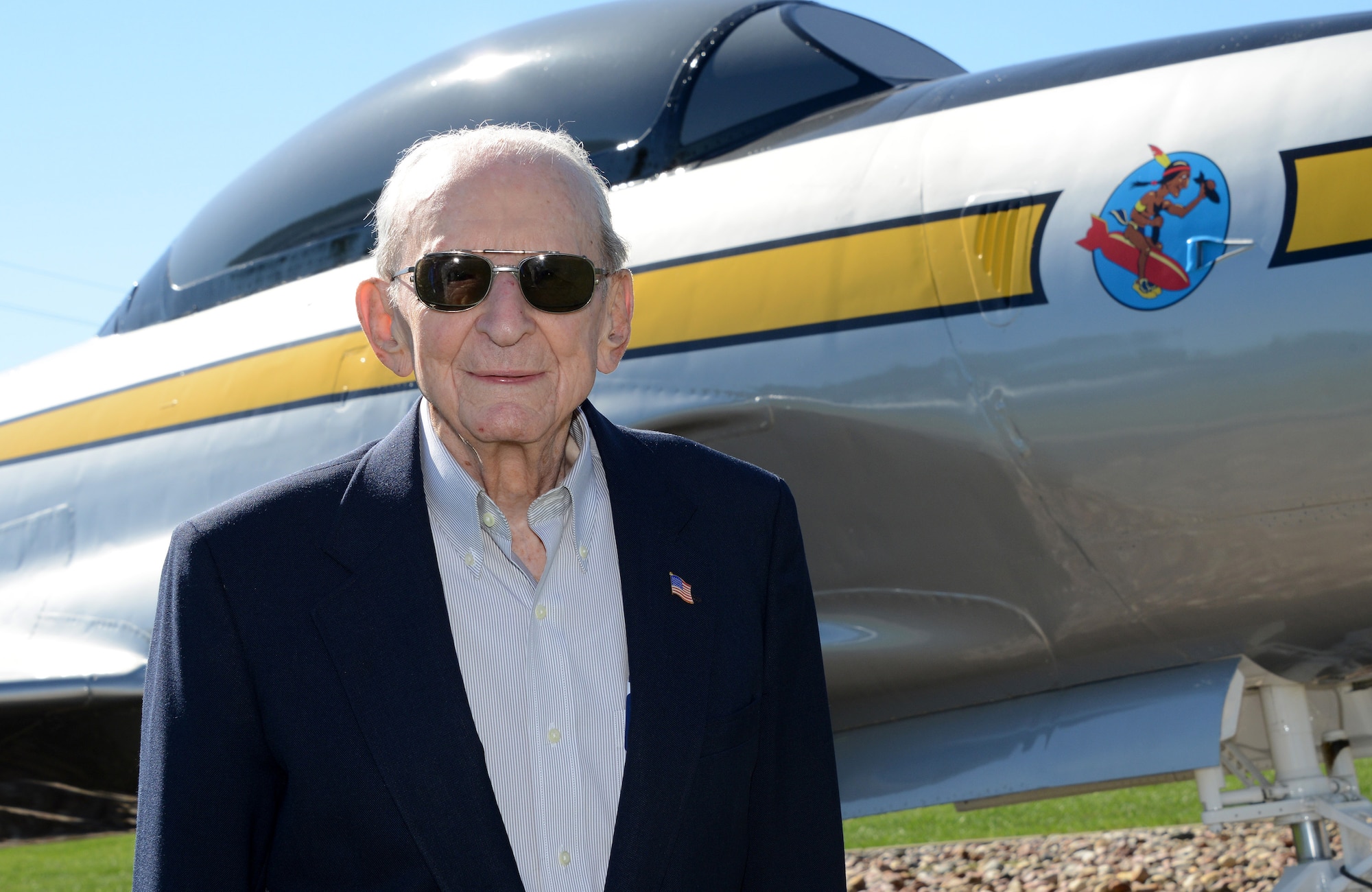 World War II Veteran and former Air National Guard Wing Commander, Col. Warren “Bud” Nelson (Ret.), stands in front of a U.S. Air Force F-80 Shooting Star, he once piloted as a member of the Iowa Air National Guard. Nelson is visiting his old unit, the 185th Air Refueling Wing, during a 70th anniversary open house event in Sioux City, Iowa on September 10, 2016.
U.S. Air National Guard photo by: Master Sgt. Vincent De Groot
