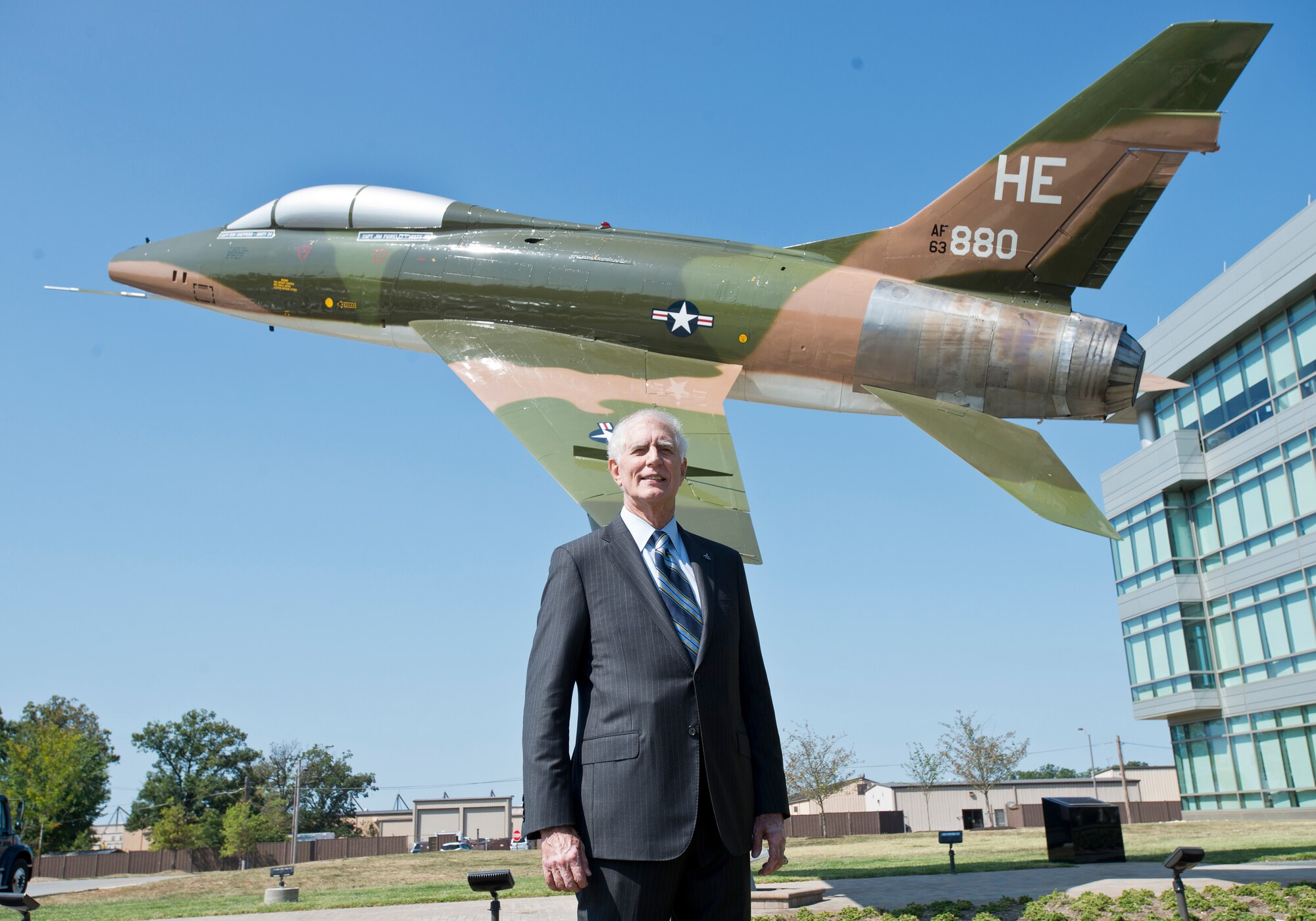 Retired Maj. Gen. Donald Shepperd, former Air National Guard director, poses for a photo at a dedication ceremony for an F-100 Super Sabre static display at the Air National Guard Readiness Center on Joint Base Andrews, Md., Spetember 13, 2016. The aircraft is dedicated to ANG members killed, missing in action or wounded in the Vietnam War, and to the career of retired Maj. Gen. Donald W. Shepperd, who served as director of the ANG from 1994 to 1998 and flew 247 combat missions in Vietnam. (U.S. Air National Guard photo by Staff Sgt. John E. Hillier)