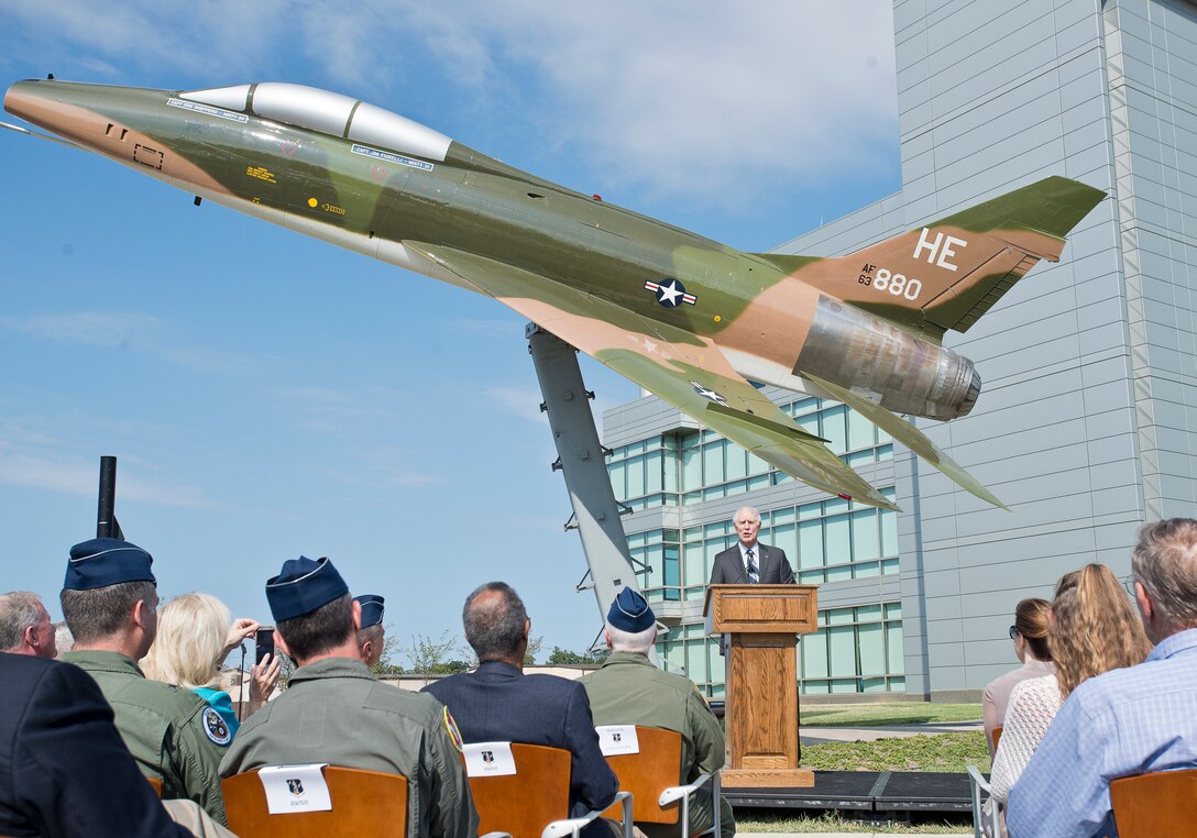Retired Maj. Gen. Donald Shepperd, former Air National Guard director, speaks at a dedication ceremony for an F-100 Super Sabre static display at the Air National Guard Readiness Center on Joint Base Andrews, Md., Spetember 13, 2016. The aircraft is dedicated to ANG members killed, missing in action or wounded in the Vietnam War, and to the career of retired Maj. Gen. Donald W. Shepperd, who served as director of the ANG from 1994 to 1998 and flew 247 combat missions in Vietnam. (U.S. Air National Guard photo by Staff Sgt. John E. Hillier)(U.S. Air National Guard photo by Staff Sgt. John E. Hillier)