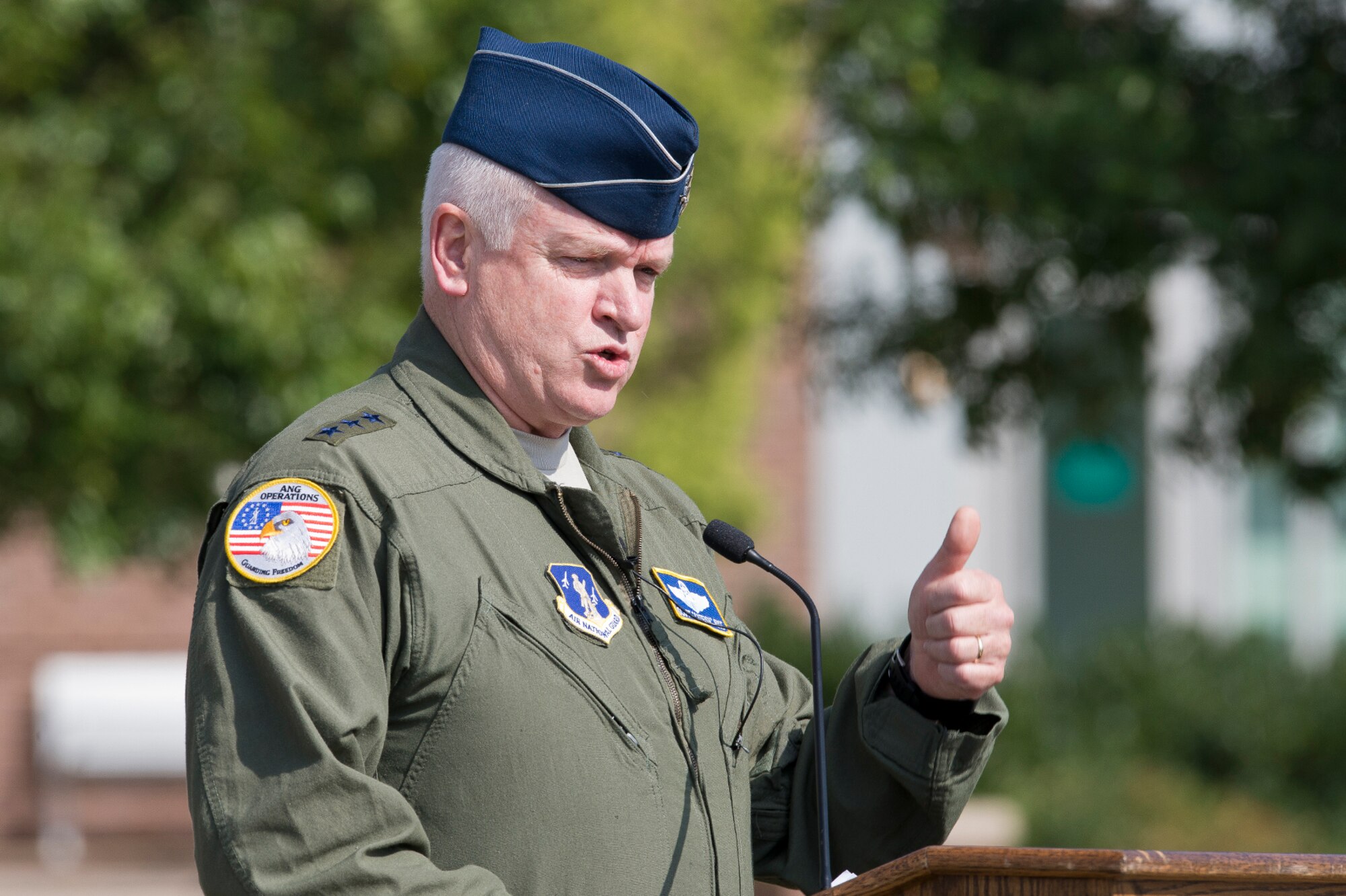 Lt. Gen. L. Scott Rice, director of the Air National Guard, gives opening remarks during an F-100 Super Sabre static display dedication ceremony, September 13, 2016. The aircraft is dedicated to ANG members killed, missing in action or wounded in the Vietnam War, and to the career of retired Maj. Gen. Donald W. Shepperd, who served as director of the ANG from 1994 to 1998 and flew 247 combat missions in Vietnam. (U.S. Air National Guard photo by Master Sgt. Marvin R. Preston)