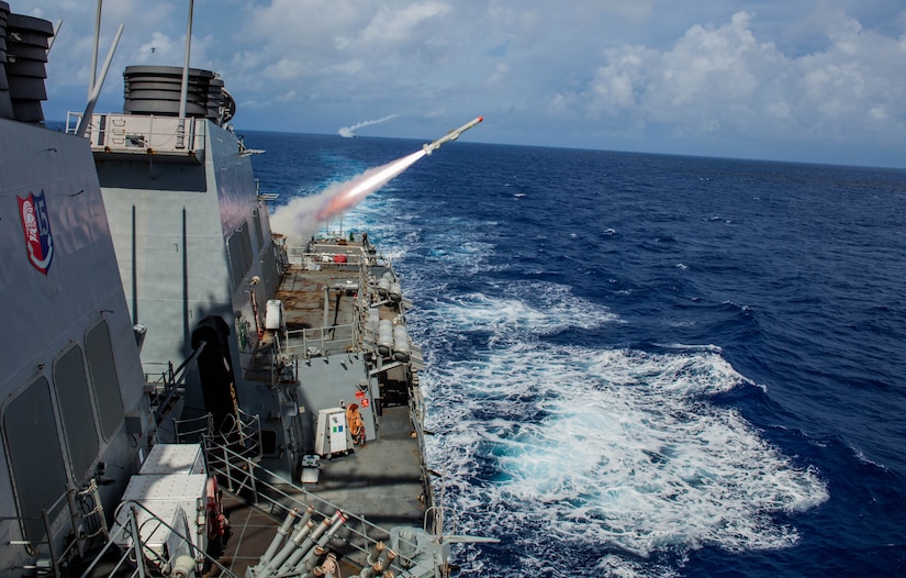 (Sept. 13, 2016) The Arleigh Burke-class guided-missile destroyer USS Benfold (DDG 65) conducts a live fire of a harpoon missile, with the Arleigh Burke-class guided-missile destroyer USS John S. McCain (DDG 56), as part of a sink exercise (SINKEX) during Valiant Shield 2016. Valiant Shield is a biennial, U.S. only, field-training exercise with a focus on integration of joint training among U.S. forces. This is the sixth exercise in the Valiant Shield series that began in 2006. Benfold is on patrol with Carrier Strike Group Five in the Philippine Sea supporting security and stability in the Indo-Asia-Pacific region. (U.S. Navy photo by Sonar Technician (Surface) 2nd Class Aaron Lyons/Released)