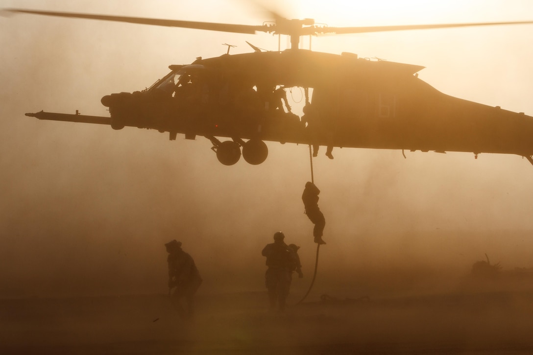 U.S. Force Recon Marines conduct fast rope training with U.S. Army Special Operations Aviation Regiment forces assigned to Special Operations Command South on July 21, 2016 during Chilean exercise Southern Star held in Antofagasta, Chile. Two UH-60 Blackhawks provided combined forces an insertion platform during simulated training scenarios. (U.S. Army Photo by Staff Sgt. Osvaldo Equite/Released)