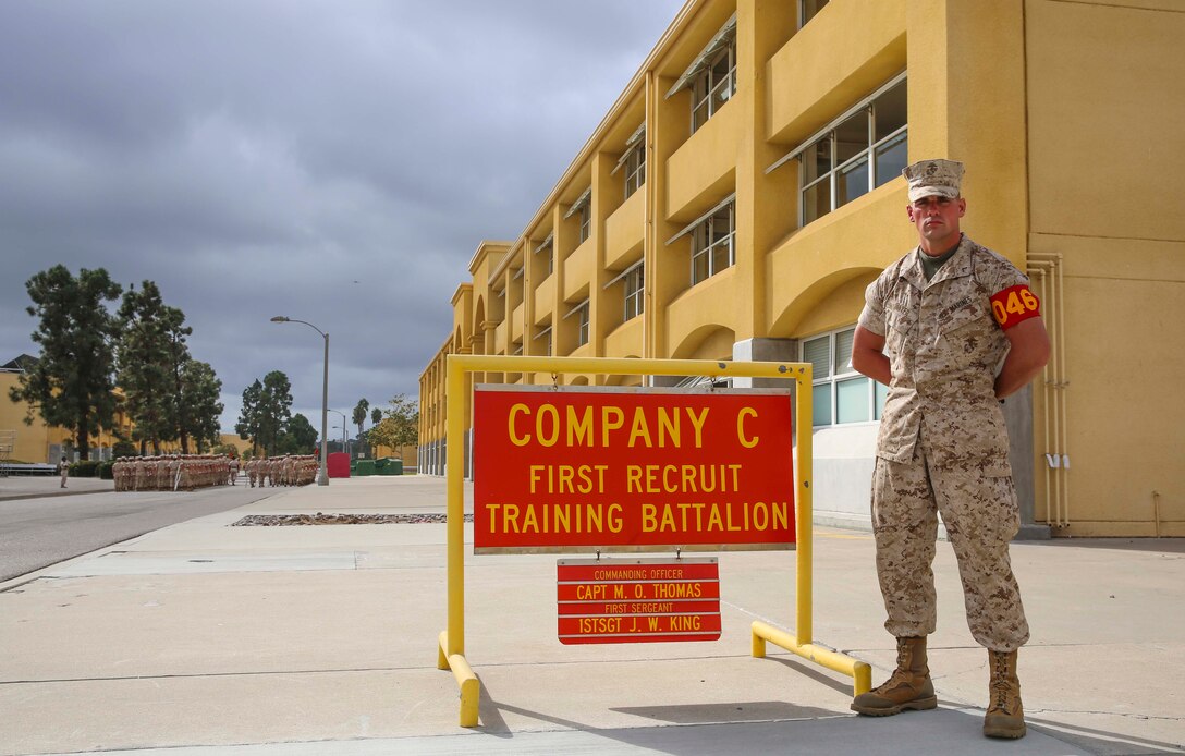 Lance Corporal Stephen J. Bayer, Charlie Company, 1st Recruit Training Battalion, stands outside his squad bay at Marine Corps Recruit Depot San Diego, Sept. 12. Bayer spent an extra three months on the depot while waiting for an injury to heal. Following recruit training, Bayer will report to the School of Infantry at Marine Corps Base Camp Pendleton, Calif., and then to his military occupational specialty school to become a military policeman. Annually, more than 17,000 males recruited from the Western Recruiting Region are trained at MCRD San Diego.