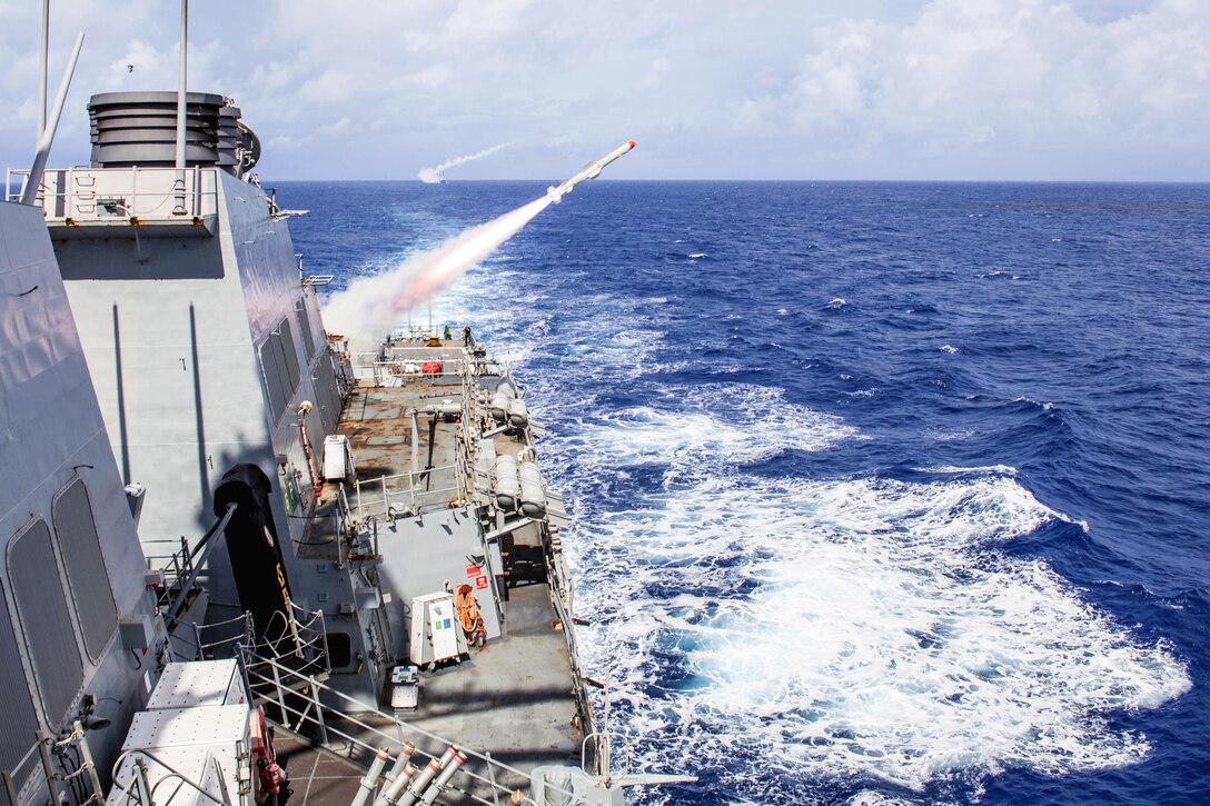 The USS Benfold fires a harpoon missile during exercise Valiant Shield 2016 in the Philippine Sea, Sept. 13, 2016. Valiant Shield is a biennial field training exercise focusing on integration among U.S. forces. Navy photo by Petty Officer 2nd Class Aaron Lyons