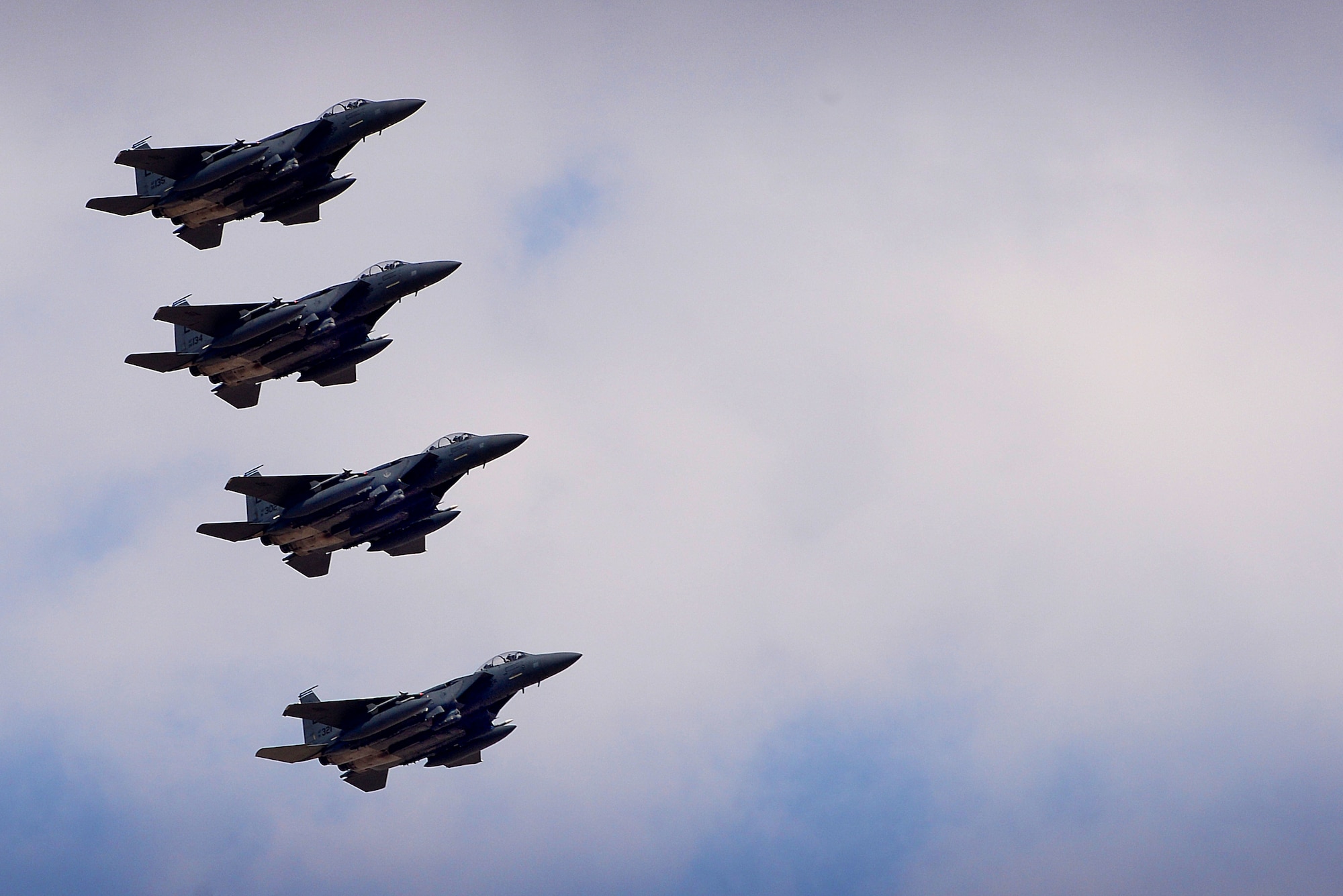 F-15E Strikes Eagle from the 492nd Fighter Squadron return from a sortie in support for exercise Red Flag 16-4 at Nellis Air Force Base, Nev., Aug 24, 2016. Recently,the 492nd Fighter Squadron dedicated two of its F-15E Strike Eagles to fly in four-ship formations with students attending the United States Air Force Weapons School at Nellis Air Force Base, Nevada Sept 15. (U.S. Air Force photo/Tech. Sgt. Matthew Plew)