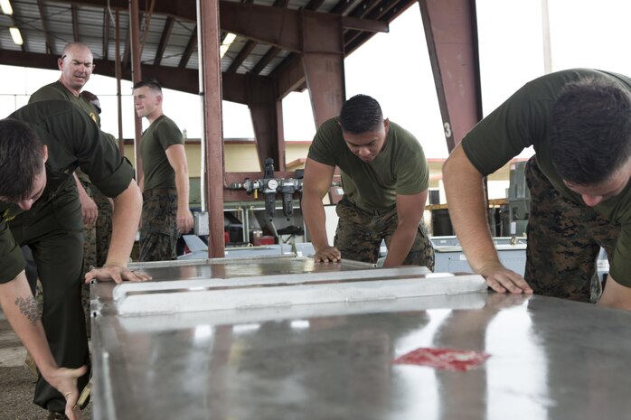 U.S. Aviation Ordnance Marines with Marine Aviation Logistics Squadron12 prepare ordnance for aviation squadrons participating in Valiant Shield 16 at Andersen Air Force Base, Guam, September 12, 2016. The ordnance constructed, provided the Marines of MALS-12 valuable experience assembling live ordnance to be used  during VS16 for a ship sinking exercise. VS16 is a biennial U.S. only, field training exercise that focuses on joint training with U.S. Navy, Air Force and Marine Corps to increase interoperability and working relationships. (U.S. Marine Corps photo by Sgt. Justin A. Fisher)