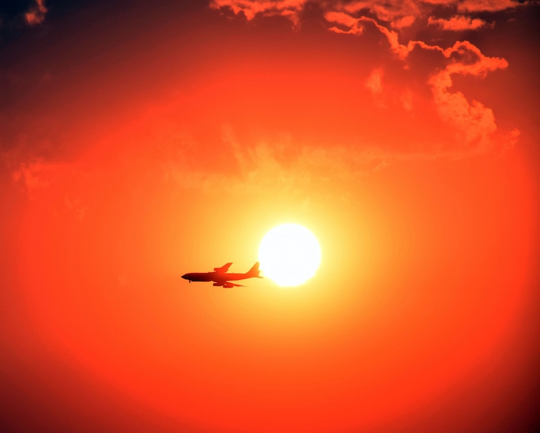 An E-8C Joint Surveillance Target Attack Radar System returns at sunset from a mission on Sept. 12, 2016, at Al Udeid Air Base, Qatar. JSTARS fly daily at various times and average around 11 hours per flight to support operations in the war on terror. (U.S. Air Force photo/Tech.Sgt. Carlos J. Treviño/Released) 