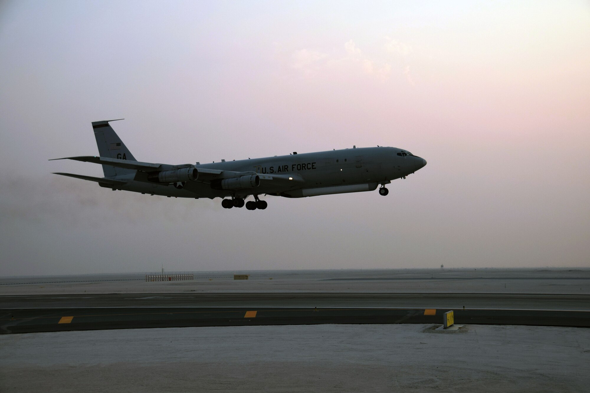An E-8C Joint Surveillance Target Attack Radar System from the 7th Expeditionary Airborne Command and Control Squadron touches down after a mission on Sept. 12, 2016, at Al Udeid Air Base, Qatar. TheE-8C JSTARS is a joint U.S. Air Force and U.S. Army program that detects, tracks and clasifies moving ground vehicles in all conditions deep behind enemy lines by using a multi-mode side looking radar. The system evolved from Army and Air Force programs to develop, detect, locate and attack enemy armor at ranges beyond the forward area of troops. (U.S. Air Force photo/Tech.Sgt. Carlos J. Trevio/Released)