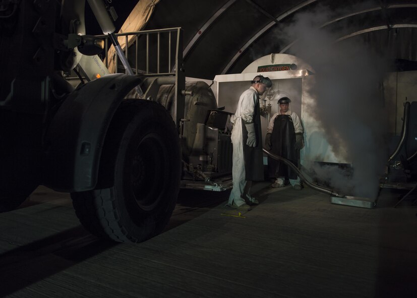 Tech. Sgt. Corey Briggs (left), 455th Expeditionary Logistics Readiness Squadron cryogenics, and Staff Sgt. Nathan Knight (right), 455th ELRS cryogenics supervisor, pour liquid oxygen into a bin, Bagram Airfield, Afghanistan, Sept. 14, 2016. The 455th ELRS received 400-gallon liquid oxygen tanks from the 379th ELRS at Al Udeid Air Base, Qatar, which ships liquid oxygen and liquid hydrogen daily to other bases throughout the U.S. Air Forces Central Command’s area of responsibility. The oxygen goes through a series of tests before being used in aircraft. (U.S. Air Force photo by Senior Airman Justyn M. Freeman)