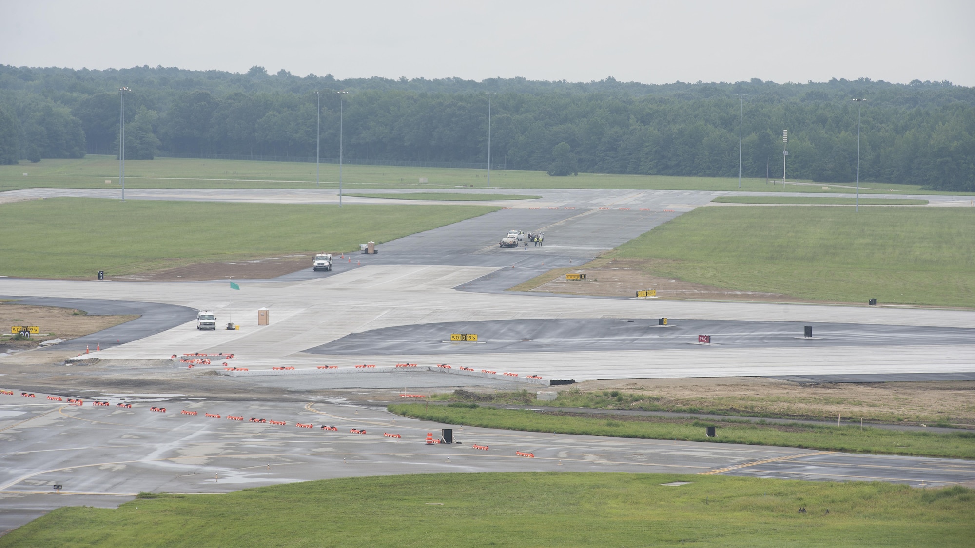 The intersection of Runway 01-19 and Runway 14-32 is under construction Sept. 1, 2016, on Dover Air Force Base, Del. Dover's shorter Runway 14-32 will be closed to allow construction on a portion in close proximity to runway 01-19, and in addition, several taxiways. This portion of construction is anticipated for completion in summer 2017. (U.S. Air Force photo by Senior Airman Zachary Cacicia)