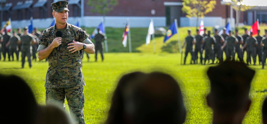 Col. Scott A. Baldwin, Marine Corps Engineer School outgoing commanding officer, leaves departing words of thanks, appreciation and a brief history on the legacy of the Engineer School before departing to Marine Corps Installation East – Marine Corps Base Camp Lejeune to become the G-4 Director at Courthouse Bay on Marine Corp Base Camp Lejeune, Sept 9. The mission of the Marine Corps Engineer School is to ingrain at the entry and supervisory level the skills needed for engineers to be prepared for the operating forces.