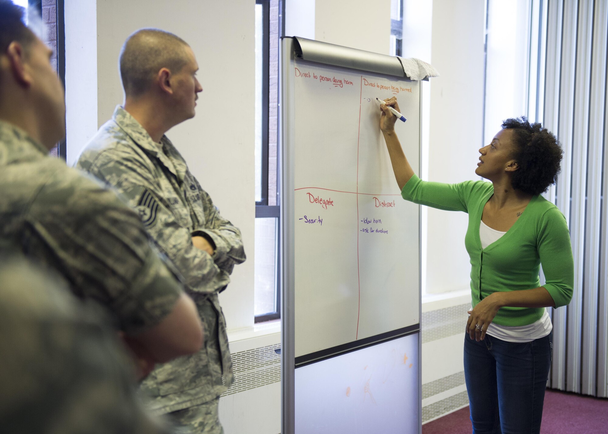U.S. Air Force Tech. Sgt. Sheree Luckey, 48th Force Support Squadron First-term Airman Course non-commissioned officer in-charge, explains the concept of the three Ds during a Green Dot general overview training at Royal Air Force Lakenheath, England, Sept. 9. To sign up for a class, visit the Green Dot SharePoint and select one of the classes provided weekly. If assistance is required, contact your unit training manager or call DSN: 226-2882. (U.S. Air Force photo/Senior Airman Malcolm Mayfield)