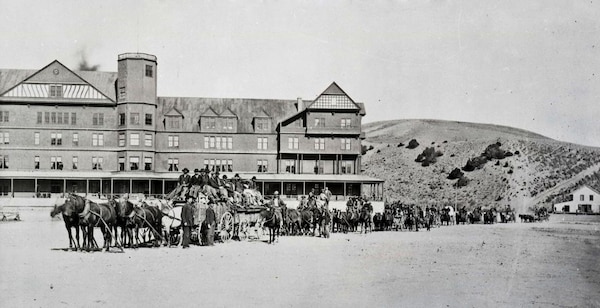 U.S. Army Corps of Engineers road builders at Mammoth Hot Springs, Hotel 1880s.
