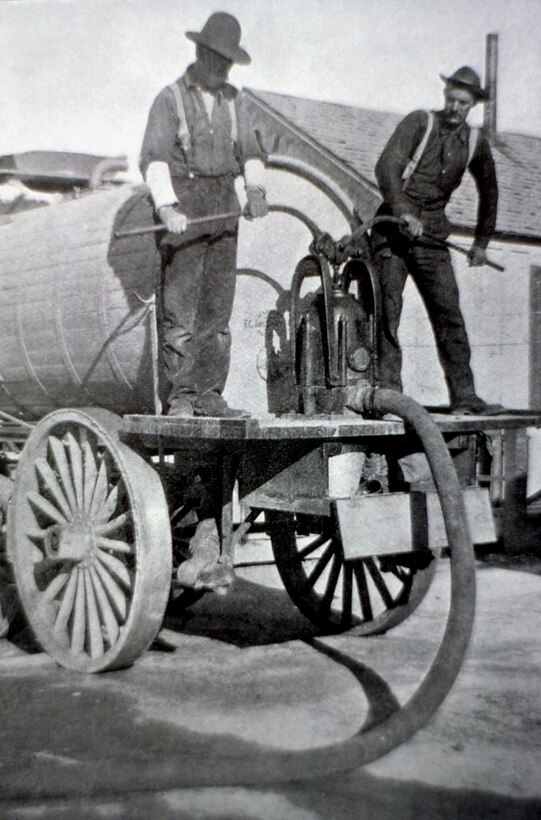 Early pump wagons held 750-gallon of water and were used by the U.S. Army Corps of Engineers in 1902 to reduce dust on park roads and discourage the deterioration of the road surface. 