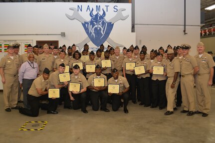 Forty-three Sailors at Southeast Regional Maintenance Center (SERMC) earned certificates of completion for Navy Enlisted Classifications. The NAMTS program provides Sailors in Electrician’s Mate (EM), Engineman (EN), Gas Turbine System Technician (Machanical) (GSM), Hull Maintenance Technician (HT) and Machinist’s Mate (MM) ratings with the knowledge and proficiency to perform essential fleet maintenance and repairs while underway which often would normally have required the ship to return to port.