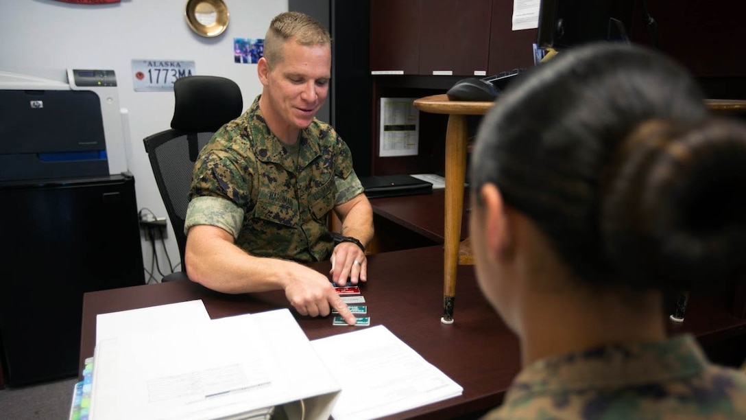 Staff Sgt Craig W. Harriman, left, speaks to Cpl. Andrea N. Villacis about her career progression aboard Marine Corps Air Station Cherry Point, N.C., Sept. 12, 2016. Harriman was awarded Career Planner of the Year for fiscal year 2016 and has been recently selected to instruct at the Basic Career Planners Course at Marine Corps Recruit Depot, San Diego, Calif. He attributes his success to the leadership and mentoring he received during his years in the Corps. Harriman is the staff noncommissioned officer in charge of career planners assigned to Marine Air Control Group 28, 2nd Marine Aircraft Wing. Villacis is an administrative clerk with the unit. 