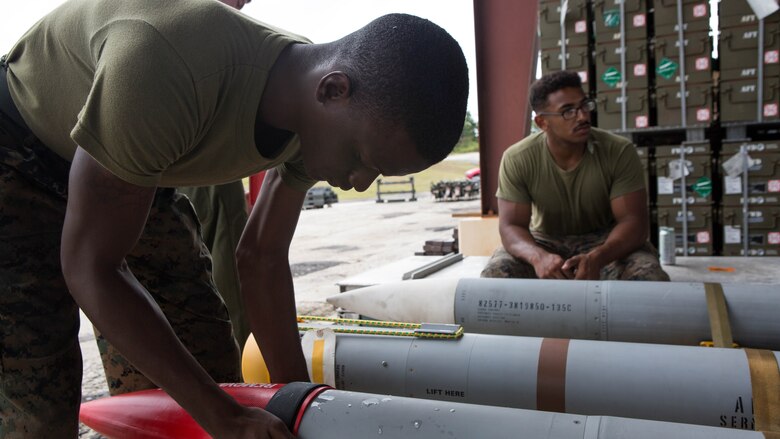 U.S. Aviation Ordnance Marines with Marine Aviation Logistics Squadron12 prepare ordnance for aviation squadrons participating in Valiant Shield 16 at Andersen Air Force Base, Guam, September 12, 2016. The ordnance constructed, provided the Marines of MALS-12 valuable experience assembling live ordnance to be used  during VS16 for a ship sinking exercise. VS16 is a biennial U.S. only, field training exercise that focuses on joint training with U.S. Navy, Air Force and Marine Corps to increase interoperability and working relationships.