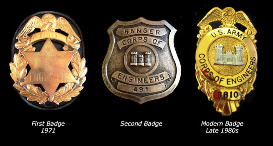 Evolution of the U.S. Army Corps of Engineers, Natural Resource Management Specialist Badge. The first badges were purchased in 1971 through the U.S. Marshalls Service in Lexington, Kentucky and custom engragved. The second badge incorporated the "Corps Castle". The modern badge was adopted about 1987.