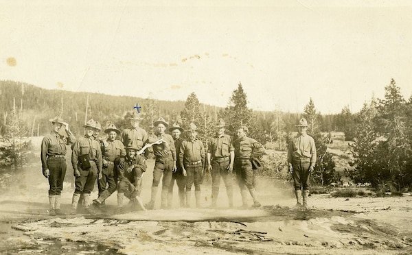 Army Scouts at a Yellowstone Geyser 1912. The ranger uniform, be it National Park Service, Forest Service or U.S. Army Corps of Engineers, got its start with the First Cavalry’s arrival at Yellowstone in 1886. From 1886-1916, cavalry troops were assigned at several national parks.
