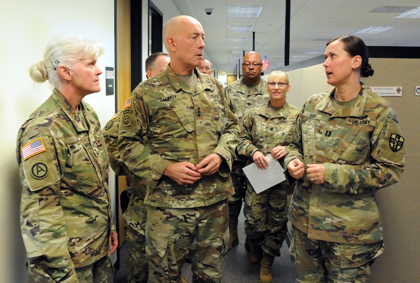 The Commanding General for U.S. Army Reserve Command, Lt. Gen. Charles D. Luckey, meets with senior leaders and staff members of Headquarters and Headquarters Detachment, Army Reserve Medical Command in Pinellas Park, Florida during his battlefield circulation. The commanding general also met with Soldiers and leaders from Army Reserve Medical Management Center co-located with ARMEDCOM at the C.W. Bill Young Armed Forces Reserve Center. ARMEDCOM enhances readiness, medical support, and medical training and is the largest medical footprint of the Army Reserve with more than 100 different medical units located throughout the United States.