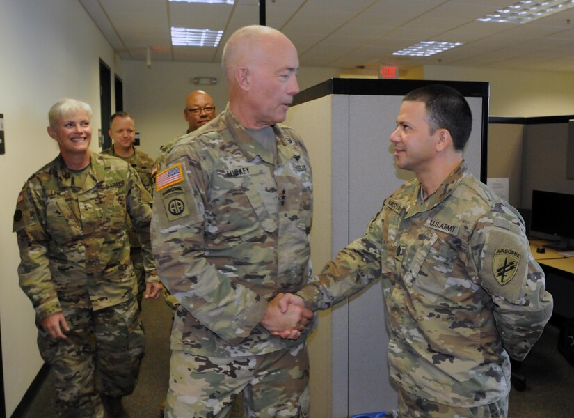The Commanding General for U.S. Army Reserve Command, Lt. Gen. Charles D. Luckey, meets with senior leaders and staff members of Headquarters and Headquarters Detachment, Army Reserve Medical Command in Pinellas Park, Florida during his battlefield circulation. The commanding general also met with Soldiers and leaders from Army Reserve Medical Management Center co-located with ARMEDCOM at the C.W. Bill Young Armed Forces Reserve Center. ARMEDCOM enhances readiness, medical support, and medical training and is the largest medical footprint of the Army Reserve with more than 100 different medical units located throughout the United States.
