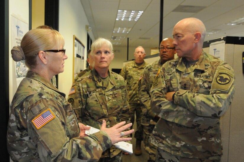 The Commanding General for U.S. Army Reserve Command, Lt. Gen. Charles D. Luckey, meets with senior leaders and staff members of Headquarters and Headquarters Detachment, Army Reserve Medical Command in Pinellas Park, Florida during his battlefield circulation. The commanding general also met with Soldiers and leaders from Army Reserve Medical Management Center co-located with ARMEDCOM at the C.W. Bill Young Armed Forces Reserve Center. ARMEDCOM enhances readiness, medical support, and medical training and is the largest medical footprint of the Army Reserve with more than 100 different medical units located throughout the United States.
