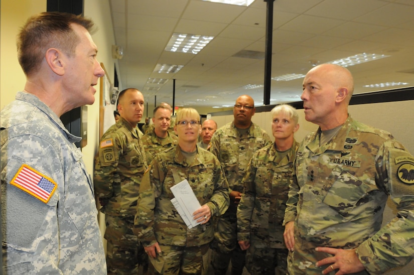 The Commanding General for U.S. Army Reserve Command, Lt. Gen. Charles D. Luckey, meets with senior leaders and staff members of Headquarters and Headquarters Detachment, Army Reserve Medical Command in Pinellas Park, Florida during his battlefield circulation. The commanding general also met with Soldiers and leaders from Army Reserve Medical Management Center co-located with ARMEDCOM at the C.W. Bill Young Armed Forces Reserve Center. ARMEDCOM enhances readiness, medical support, and medical training and is the largest medical footprint of the Army Reserve with more than 100 different medical units located throughout the United States.