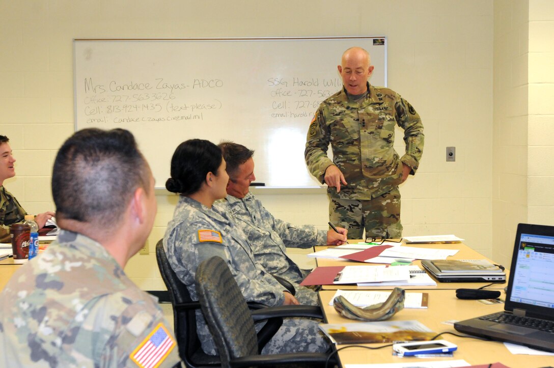 The Commanding General for U.S. Army Reserve Command, Lt. Gen. Charles D. Luckey, meets with senior leaders and staff members of Headquarters and Headquarters Detachment, Army Reserve Medical Command in Pinellas Park, Florida during his battlefield circulation. The commanding general also met with Soldiers and leaders from Army Reserve Medical Management Center co-located with ARMEDCOM at the C.W. Bill Young Armed Forces Reserve Center. ARMEDCOM enhances readiness, medical support, and medical training and is the largest medical footprint of the Army Reserve with more than 100 different medical units located throughout the United States.