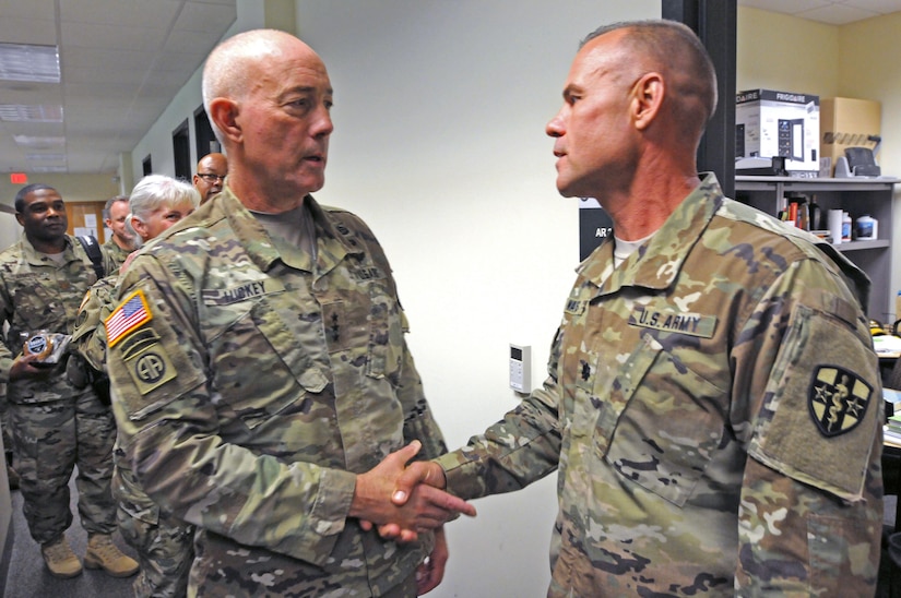 The Commanding General for U.S. Army Reserve Command, Lt. Gen. Charles D. Luckey, meets with senior leaders and staff members of Headquarters and Headquarters Detachment, Army Reserve Medical Command in Pinellas Park, Florida during his battlefield circulation. The commanding general also met with Soldiers and leaders from Army Reserve Medical Management Center co-located with ARMEDCOM at the C.W. Bill Young Armed Forces Reserve Center. ARMEDCOM enhances readiness, medical support, and medical training and is the largest medical footprint of the Army Reserve with more than 100 different medical units located throughout the United States.