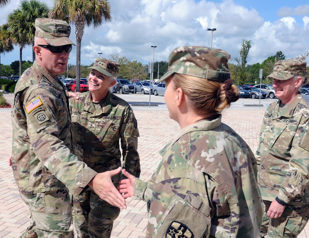 The Commanding General for U.S. Army Reserve Command, Lt. Gen. Charles D. Luckey, meets with senior leaders and staff members of Army Reserve Medical Command in Pinellas Park, Florida during his battlefield circulation.  Left to Right: Lt. Gen. Luckey; Maj. Gen. Mary E. Link, ARMEDCOM commanding general; Col. Elizabeth A. Baker, ARMEDCOM chief of staff; Brig. Gen. Lisa L. Doumont, ARMEDCOM deputy commanding general.  ARMEDCOM enhances readiness, medical support, and medical training and is the largest medical footprint of the Army Reserve with more than 100 different medical units located throughout the United States.