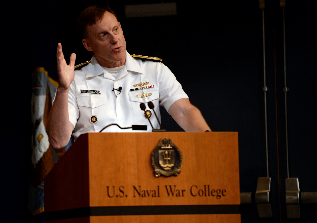 National Security Agency Director Navy Adm. Michael S. Rogers speaks to students at the Naval War College last year. Rogers, who also commands U.S. Cyber Command, participated in a panel discussion at the Center for Strategic and International Studies in Washington, D.C., Sept. 14, 2016. He said there has been fundamental change in the way the U.S. government uses intelligence. Navy photo by Chief Petty Officer James E. Foehl