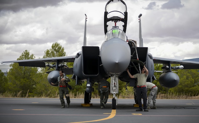 Aircrew from the 494th Fighter Squadron and members of the 494th Air Craft Maintenance Unit inspect an F-15E Strike Eagle prior to a sortie in support of Tactical Leadership Programme 16-3 at Los Llanos Air Base, Spain Sep. 14, 2016. Training programs like the TLP showcase how the U.S. works side-by-side with NATO Allies and partners every day training to meet future security challenges as a unified force. (U.S. Air Force photo/ Staff Sgt. Emerson Nuñez)