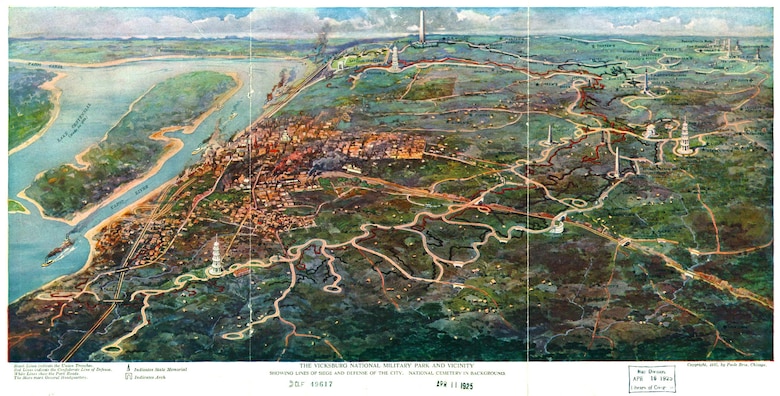 The line of defense around Vicksburg as designed and constructed consisted of nine major forts connected by a continuous line of rifle-pits. The line was anchored on the Mississippi river above and below the city and guarded all land access to Vicksburg. This 1929 map of the Vicksburg National Military Park shows Confederate defenses in red, and Union siege lines in black, forming a crescent surrounding the city.