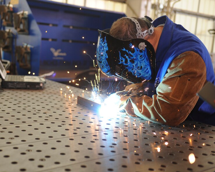 Senior Airman Brandon Telles, 2nd Maintenance Squadron Fabrication Flight aircraft metals technology journeyman, welds a kick plate at Barksdale Air Force Base, La., Sept. 13, 2016. Welding is used to repair components so they don’t have to be replaced. (U.S. Air Force photo/Airman 1st Class Stuart Bright)