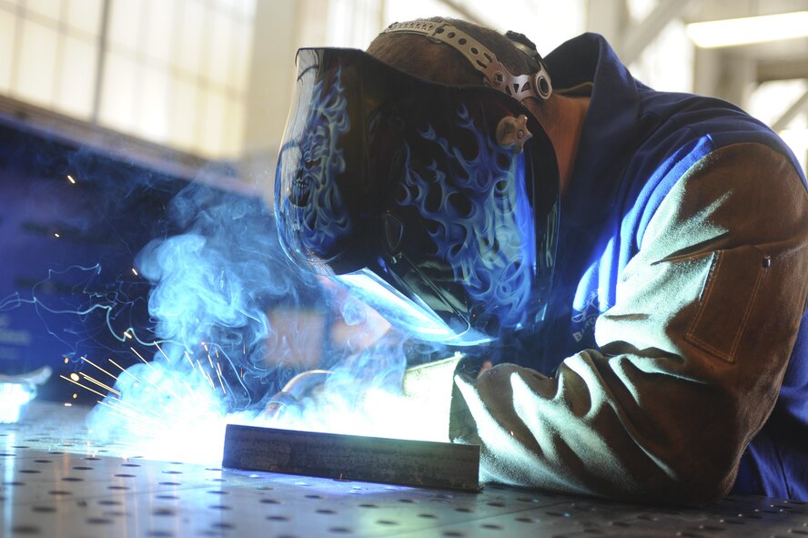 Senior Airman Brandon Telles, 2nd Maintenance Squadron Fabrication Flight aircraft metals technology journeyman, welds a kick plate at Barksdale Air Force Base, La., Sept. 13, 2016. Metals tech has the capability to create components for aircraft and it’s support equipment as well as repairing parts. (U.S. Air Force photo/Airman 1st Class Stuart Bright)