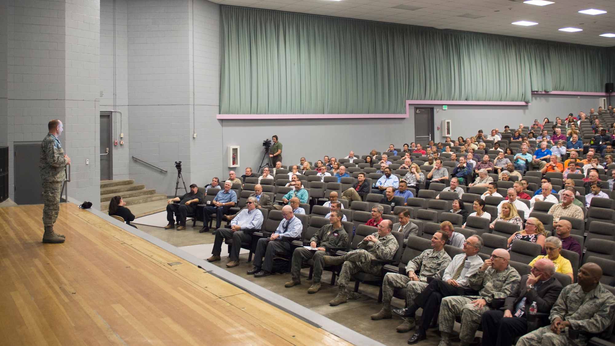 Brig. Gen. Carl Schaefer, 412th Test Wing commander, discusses issues with the Edwards Air Force Base civilian workforce during a civilian call Sept. 6. (U.S. Air Force photo by Joseph Pol Gocong)