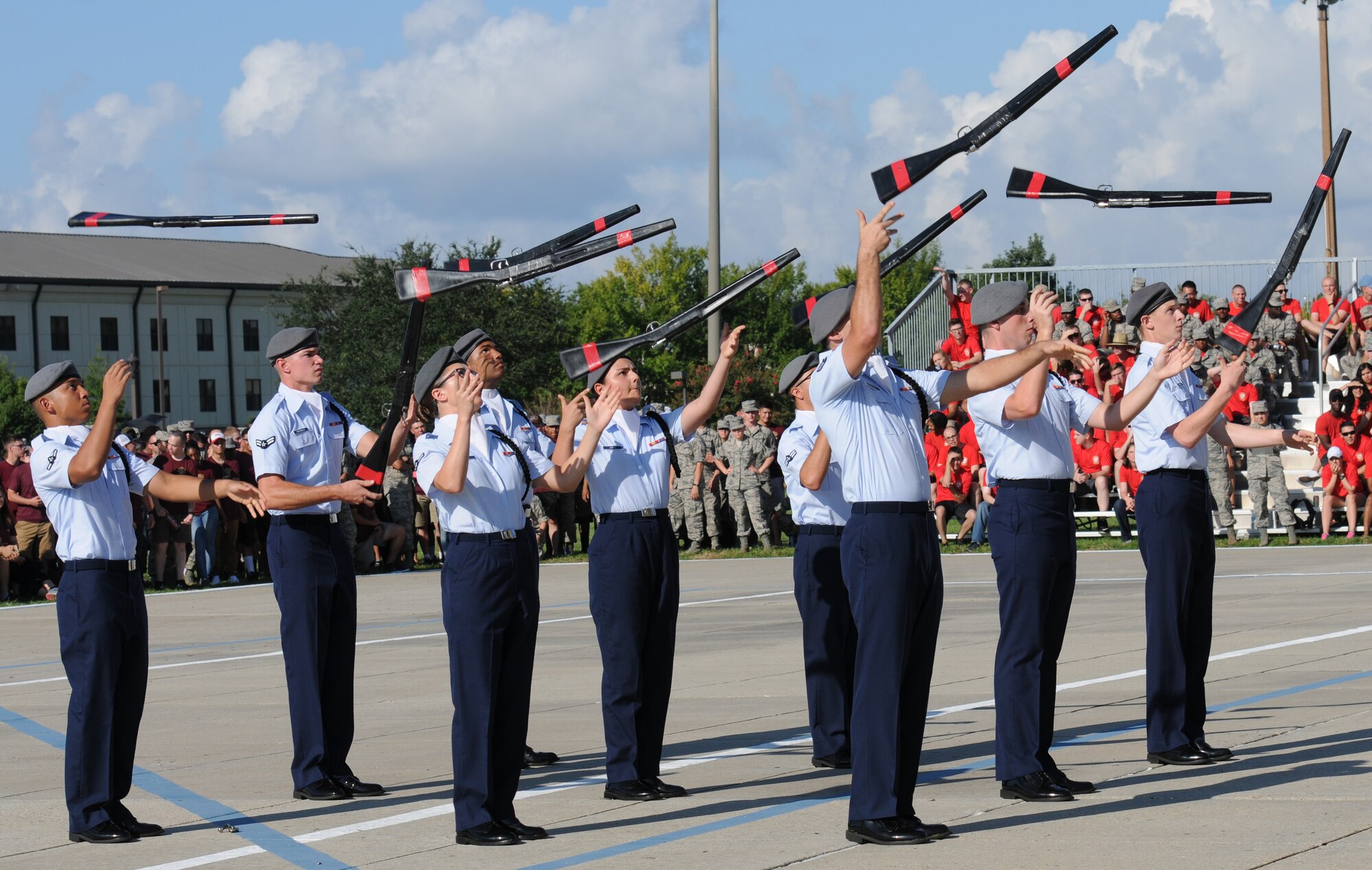 Members of the 335th Training Squadron freestyle drill team perform during the 81st Training Group drill down at the Levitow Training Support Facility drill pad Sept. 9, 2016, on Keesler Air Force Base, Miss. The 335th TRS “Bulls” placed second overall. (U.S. Air Force photo by Kemberly Groue/Released)