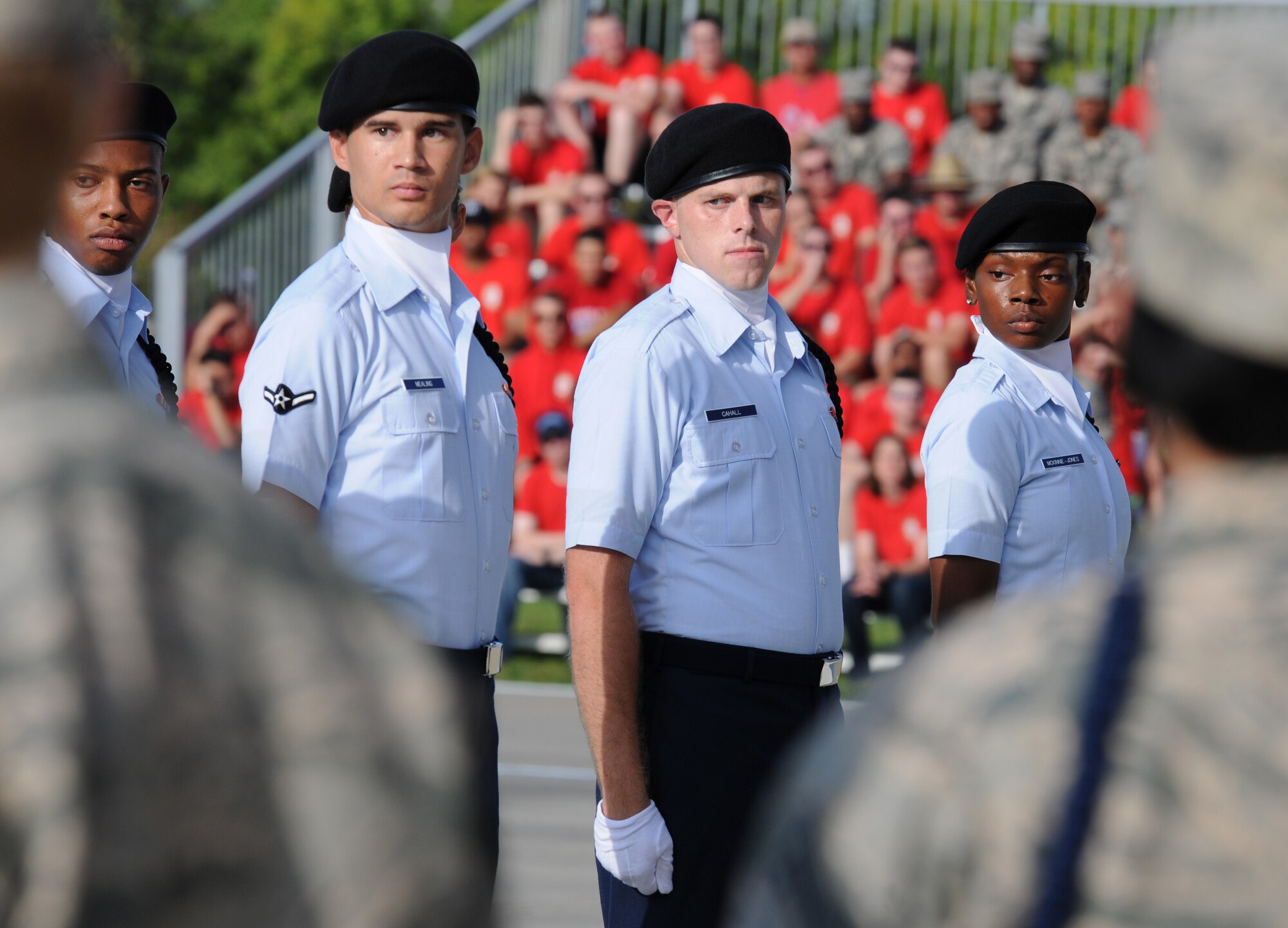 Members of the 334th Training Squadron regulation drill team perform during the 81st Training Group drill down at the Levitow Training Support Facility drill pad Sept. 9, 2016, on Keesler Air Force Base, Miss. The 334th TRS “Gators” placed first in open ranks, regulation and overall. (U.S. Air Force photo by Kemberly Groue/Released)